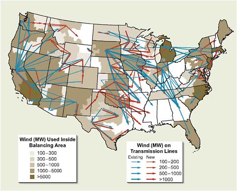 FIGURE 7.2 Map indicating potential new transmission corridors for integrating 300 GW of wind power.