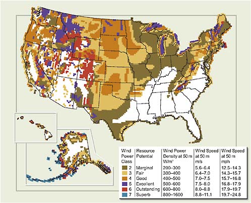 FIGURE 2.1 U.S. map of wind power classes and 50-meter wind energy resource.