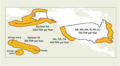 FIGURE 2.7 U.S. wave energy resources for the continental United States.