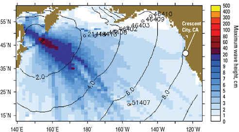 FIGURE 4.3 North Pacific Ocean, showing predicted maximum wave heights (indicated by color) and arrival times (contour lines labeled with numbers representing hours after the triggering earthquake) of tsunami waves generated by a magnitude 8.3 earthquake near the Kuril Islands on November 15, 2006. The predicted wave heights illustrate the phenomenon of “tsunami beaming”—the tendency of tsunami waves in the open ocean to be highest along azimuths approximately perpendicular to the subduction zone where the triggering earthquake occurred. Note the minor beam aimed at Crescent City, California, where the boat harbor was damaged, largely by secondary tsunami waves. SOURCE: Geist et al., 2007; with permission from Vasily Titov, NOAA/PMEL.