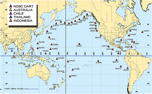 FIGURE 4.6 Map displays the locations of DART stations around the world. Red diamonds depict the 39 DART stations maintained and operated by NOAA’s National Data Buoy Center (NDBC). Nine other DART stations are maintained and operated by non-U.S. agencies, as indicated in the legend. SOURCE: http://www.ndbc.noaa.gov/dart.shtml; National Data Buoy Center, NOAA.