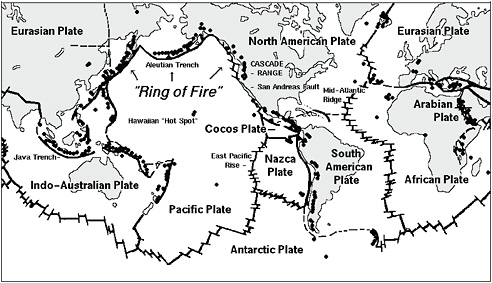 FIGURE 1.1 Global map of active volcanoes and plate tectonics illustrating the “Ring of Fire” and depicting subduction zones; both areas associated with frequent seismic activity. SOURCE: http://vulcan.wr.usgs.gov/Imgs/Gif/PlateTectonics/Maps/map_plate_tectonics_world_bw.gif; USGS.