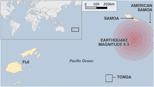 FIGURE I.1 Map of Samoa tsunami source. SOURCE: http://news.bbc.co.uk/2/hi/8281616.stm; with permission from the BBC.
