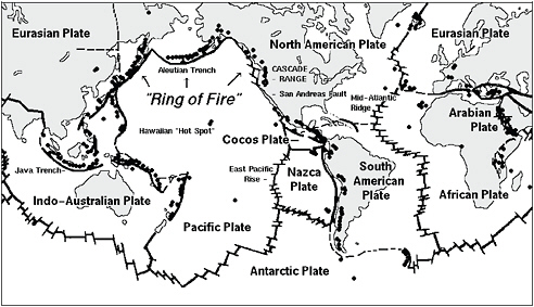 FIGURE S.1 Global map of active volcanoes and plate tectonics illustrating the “Ring of Fire” and depicting subduction zones; both areas associated with frequent seismic activity. SOURCE: http://vulcan.wr.usgs.gov/Imgs/Gif/PlateTectonics/Maps/map_plate_tectonics_world_bw.gif; USGS.