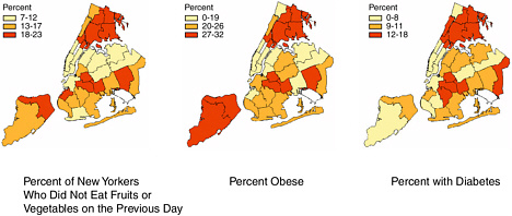 FIGURE 2-1 Neighborhoods where fruit and vegetable consumption is low have high rates of obesity and diabetes.