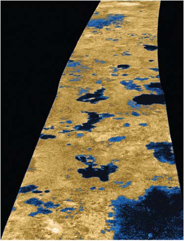 FIGURE 8.4 Methane lakes on Saturn’s moon Titan (Cassini Radar). SOURCE: Courtesy of NASA/JPL/USGS.