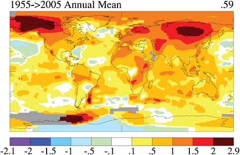 FIGURE 2.11 Last 50 years surface temperature change based on linear trends (degree C) SOURCE: J. Hansen, R. Ruedy, M. Sato, and K. Lo, NASA Goddard Institute for Space Studies, and Columbia University Earth Institute, New York, N.Y.