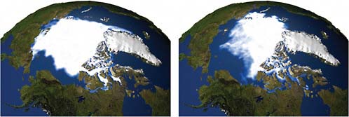 FIGURE 2.14 Northern Hemisphere sea ice extent (1979 versus 2003) Left: Sea ice minimum extent for 1979. Right: Sea ice minimum extent for 2003. SOURCE: NASA Goddard Space Flight Center Scientific Visualization Studio.