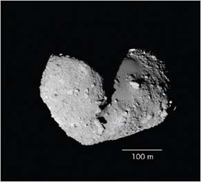 FIGURE 3.13 Itokawa, a near-Earth asteroid several city blocks long, visited and sampled by the Japanese Hayabusa spacecraft now returning its cargo to Earth. SOURCE: Courtesy of JAXA.
