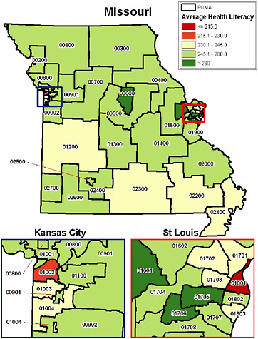 FIGURE 4-2 Mean health literacy by Public Use Microdata Area (PUMA) for Missouri.
