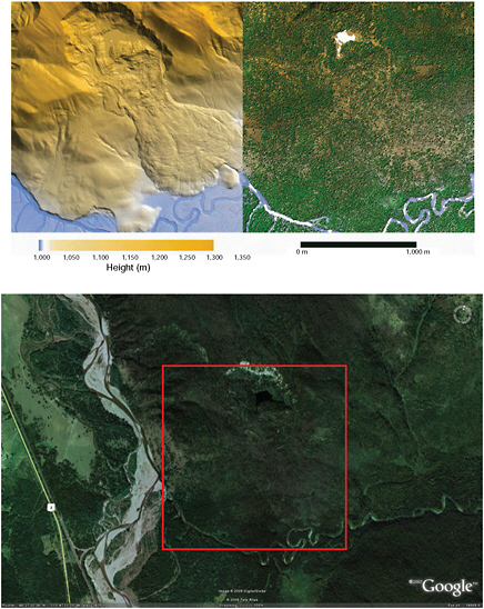 FIGURE 1.7 Documenting topography at the resolution of transport and erosion processes. Comparison of Google Earth image (bottom, digital air photo) with two lidar-derived images for an area near Flathead Lake, Montana: “bare Earth” topography with vegetation removed (top left) and vegetation color-coded by height above bare Earth (top right). Area in red box on the digital air photo is the area covered by the upper lidar images. Image width of the digital air photo is ~3 kilometers. SOURCE: National Center for Airborne Laser Mapping (NCALM), Bottom Image courtesy of Google Earth.