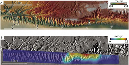 FIGURE 2.12 Dragon’s Back Pressure Ridge, Carrizo Plain, Central California. (A) Elevation map derived from digital topography created from airborne laser swath mapping topography (1-meter digital elevation model) (National Center for Airborne Laser Mapping); (B) rock vertical uplift rate along the San Andreas fault. From these data, Hilley and Arrowsmith (2008) demonstrated how landscapes respond to a pulse of uplift. SOURCE: Hilley and Arrowsmith (2008); courtesy of The Geological Society of America.