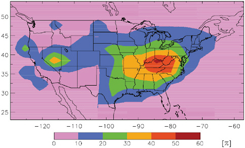 FIGURE 4.2 Percent contribution of anthropogenic North American emissions to total (wet + dry) deposition in the United States