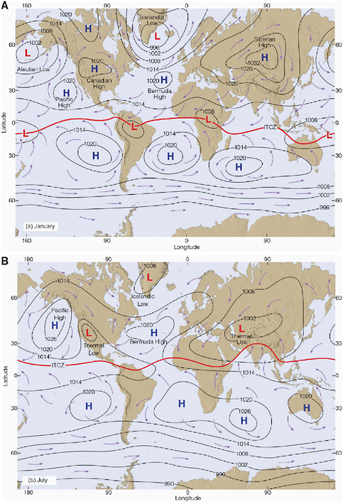 FIGURE B.4 Climatological mean sea-level pressure and winds for (a) January and (b) July. The Intertropical Convergence Zone (ITCZ) is shown by the red line near the equator.