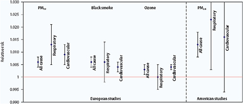 FIGURE 3.3 Summary of relative risks for mortality by different air pollutants, related to a 10 μg/m3 increase in pollution including 95 percent confidence intervals. PM10 includes PM2.5. A relative risk of 1.005 indicates a 0.5 percent increased risk of mortality.