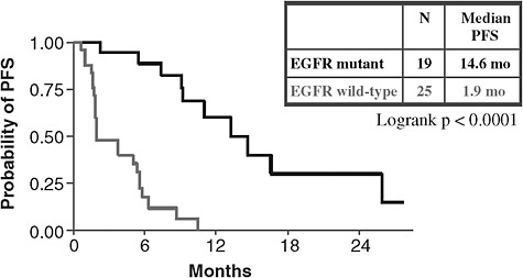 FIGURE 1b Genomically defined patients. Median progression-free survival (PFS) was nearly 15 months in individuals with lung cancer and epidermal growth factor receptor (EGFR) mutations that predict response to erlotinib, versus only about 2 months in individuals without these mutations.