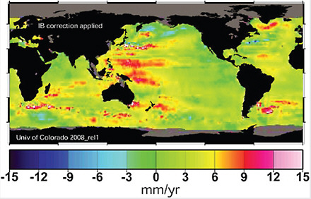 Trends (mm/year) in sea level change over 1993-2007 from TOPEX/Poseidon and Jason-1 altimeter measurements. SOURCE: Courtesy of Colorado Center for Astrodynamics Research, University of Colorado at Boulder (http://sea-level.colorado.edu).