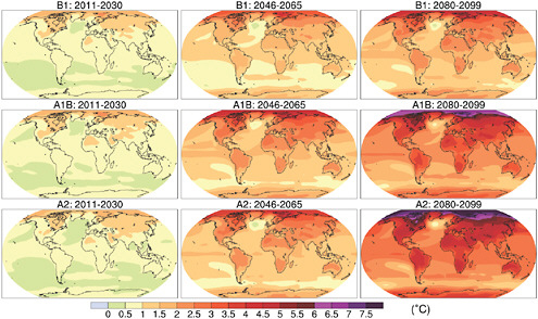 FIGURE 2.5 Worldwide projected changes in temperatures, relative to 1961-1990 averages, under three different emissions scenarios (rows) for three different time periods (columns). For further details see Figure 6.21. SOURCE: Meehl et al. (2007a).