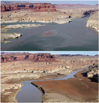 FIGURE 4.2 Lake Powell before and after 2002 drought. This type of image enables decision makers to see the effects of specific changes in climate without the need to interpret data or graphs. SOURCE: John C. Dohrenwend, U.S. Geological Survey.