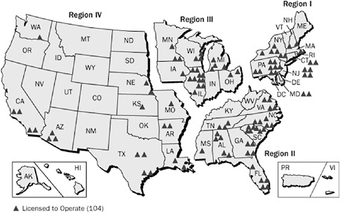 FIGURE 2-18 Locations of operating nuclear power reactors in the United States. SOURCE: U.S. NRC 2008a.