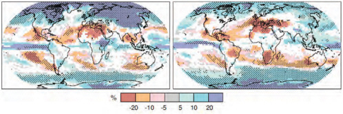 FIGURE 5-4 Multimodel projected patterns of precipitation changes. Relative changes in precipitation (in percentage) for the period 2090-2099, relative to 1980-1999. Values are multimodel averages based on the IPCC Special Report on Emission Scenarios (SRES) A1B for December to February (left) and June to August (right). White areas are where less than 66% of the models agree in the sign of the change, and stippled areas are where more than 90% of the models agree in the sign of the change. SOURCE: IPCC 2007b, P.16, Figure SPM.7. Reprinted with permission; copyright 2007, Intergovernmental Panel on Climate Change.