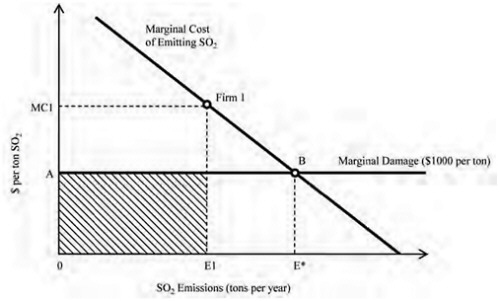 FIGURE 1-1 Marginal damage associated with SO2 emissions in a year (x-axis) and the marginal cost of emitting SO2 in a year (y-axis) for a hypothetical power plant (Firm 1) emitting SO2. E1 = amount of SO2 (tons) emitted by Firm 1; E* = economically optimal level of SO2 emissions; MC1 = marginal cost for Firm 1. Damages of emitting each additional ton of SO2 are assumed to be constant.