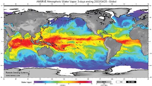 FIGURE 2.2 Advanced Microwave Scanning Radiometer-Earth (AMSR-E) data showing tropospheric water vapor abundance over Earth’s oceans, denoted by the colors in the image. Land is denoted by shades of gray, its shade depending on the elevation; sea ice is denoted by white. AMSR-E data are produced by Remote Sensing Systems and sponsored by the NASA Earth Science MEaSUREs DISCOVER Project and the AMSR-E Science Team. Data are available at www.remss.com.