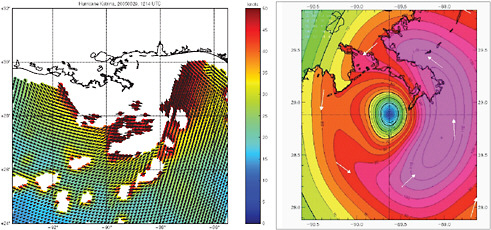 FIGURE 2.9 (Left) Image of the wind speed of Hurricane Katrina (in knots), observed by passive microwave radiometers on WindSat, a Naval Research Laboratory satellite, as Katrina makes landfall near New Orleans on August 28, 2005. (Right) Output from a model that combines data from WindSat and other remote sensing instruments. The model provides information on the hurricane’s wind speed. The values over land are extrapolations. Courtesy of the U.S. Naval Research Laboratory.