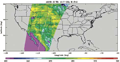 FIGURE 2.15 Brightness temperature as measured by the Advanced Microwave Scanning Radiometer-Earth (AMSR-E) at 10.6 GHz with horizontal polarization over the United States. This observation appears to be free from interference. (L. Li, E. Njoku, E. Im, P. Chang, and K. St. German, “Frequency Interference over the U.S. in Aqua AMSR-E Data,” IEEE Transactions on Geoscience and Remote Sensing, 42(2): 380-390 (February 2004), from Figure 1.) AMSR-E data are produced by Remote Sensing Systems and sponsored by the NASA Earth Science MEaSUREs DISCOVER Project and the AMSR-E Science Team. Data are available at www.remss.com.