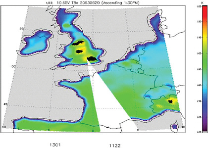 FIGURE 2.16 Passive microwave imagery from the Advanced Microwave Scanning Radiometer-Earth (AMSR-E) on the NASA Earth Observing System Aqua at 10.7 GHz over Europe. Strong emissions over the United Kingdom and portions of Italy are seen as saturated brightness temperatures (black spots). These areas, and nearby yellow and red areas in this example, cannot be used for the retrieval of geophysical parameters such as soil moisture, precipitation, and cloud water. AMSR-E data are produced by Remote Sensing Systems and sponsored by the NASA Earth Science MEaSUREs DISCOVER Project and the AMSR-E Science Team. Data are available at www.remss.com.