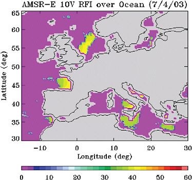 FIGURE 2.18 Example of radio frequency interference (RFI; areas in green and yellow) occurring at X-band from oceanic reflections of geosynchronous broadcasts in bands adjacent to those observed by the Advanced Microwave Scanning Radiometer-Earth (AMSR-E). In this example AMSR-E is operating in the EESS band 10.6-10.7 GHz and is experiencing perturbations higher than 40 K in measured brightness temperature during its descending phase. This level of RFI is far greater than approximately 0.2 K, the minimum level of perturbation that degrades environmental models that use sea surface temperature data derived from AMSR-E. AMSR-E data are produced by Remote Sensing Systems and sponsored by the NASA Earth Science MEaSUREs DISCOVER Project and the AMSR-E Science Team. Data are available at www.remss.com.