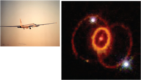 FIGURE 1.3.1 Left: ER-2 research aircraft. SOURCE: Courtesy of Jim Ross, NASA Dryden Flight Research Center. Right: Supernova SN1987a as observed with the Hubble Space telescope. SOURCE: Courtesy of Dr. Christopher Burrows, ESA/STScI, and NASA.