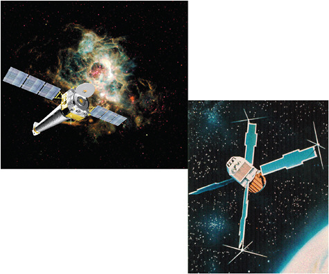 FIGURE 1.7.1 Artist’s depictions of the UHURU (left) and Chandra (right) X-ray astronomy observatories. SOURCES: Courtesy of the Smithsonian Astrophysical Observatory (SAO) (left) and NASA Marshall Space Flight Center (right).