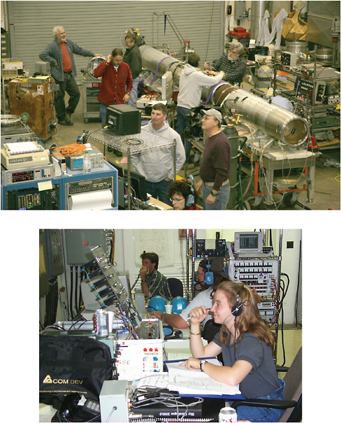 FIGURE 1.2 Participation in sounding rocket flight investigations gives science and engineering students soup-to-nuts, systems-wide exposure to the process of designing, building, integrating, testing, and flying a space research mission, all on a relatively short timescale, low cost, and high risk tolerance. SOURCES: Top: Courtesy of Stephan McCandliss, Johns Hopkins University. Bottom: Shown is Pennsylvania State University (PSU) graduate student Ann Hornschemeier; courtesy of David N. Burrows, PSU.