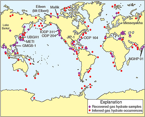 FIGURE 1.1 Worldwide locations of methane hydrate occurrences show the location of sampled and inferred methane hydrate in oceanic sediment of outer continental margins and permafrost regions. Many of the recovered methane hydrate samples have been obtained during deep coring projects or seafloor sampling operations. Most of the inferred methane hydrate occurrences are marine sites at which bottom-simulating reflectors have been observed on available seismic profiles. The methane hydrate occurrences reviewed in this report have also been highlighted on this map. Numbers adjacent to abbreviated site locality names identify project or drilling legs. GMGS = Guangzhou Marine Geological Survey; IODP = Integrated Ocean Drilling Program; JIP = joint industry project (Department of Energy Methane Hydrate Program supported); METI = Ministry of International Trade and Industry of Japan; NGHP = National Gas Hydrate Program of India; ODP = Ocean Drilling Program; UBGH = Ulleung Basin Gas Hydrate. Modified from Keith Kvenvolden and others from the U.S. Geological Survey.