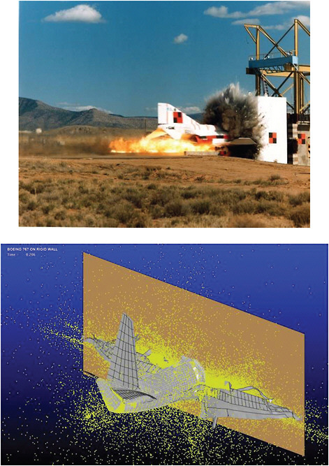 FIGURE 3.1 Modeling of an airplane crash. (Top) Image of a crash test measuring the force of impact on an actual F-4 Phantom airplane; image courtesy of Sandia National Laboratories. (Bottom) Image of a computational model of the force of impact on an aircraft; image courtesy of Christopher Hoffmann, Purdue University.