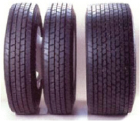 FIGURE 5-29 New-generation wide-base single tire (right) to reduce the rolling resistance of conventional dual tires (left). SOURCE: Presentation to the committee by C. Bradley and S. Nelson, Michelin Tire North America, “Truck Tires and Rolling Resistance,” February 4, 2009. Courtesy of Michelin Tire North America.