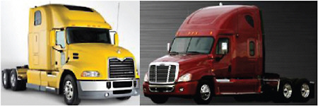 FIGURE 5-6 2009 model year Mack Pinnacle (left) and Freightliner Cascadia (right) SmartWay specification trucks. SOURCE: Courtesy of Mack and Freightliner Cascadia.