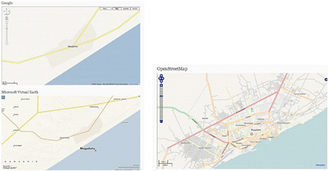 FIGURE 11.2 The map on the left shows part of the street network in Mogadishu, Somalia, available in Google Earth (top) and Microsoft Virtual Earth (bottom). The map on the right showing the same region, but with streets supplied by VGI in OpenStreetMap. org, provides information of considerable use to international development and humanitarian relief organizations. SOURCE: www.developmentseed.org/tags/mapping (accessed January 20, 2010).