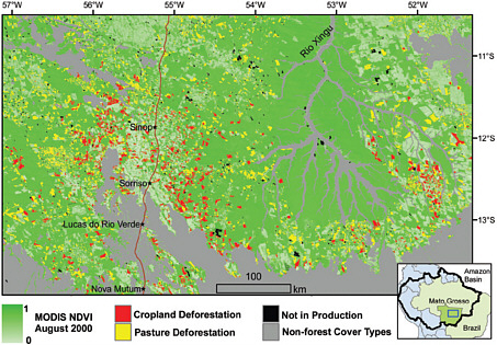 FIGURE 2.6 Clearance of Amazonian forest for pasture and cropland development in the state of Mato Grosso, Brazil, between 2001 and 2004 as detected from satellite imagery. Areas that were cleared for grazing were typically twice the size of patches cleared for crops. SOURCE: Morton et al. (2006).