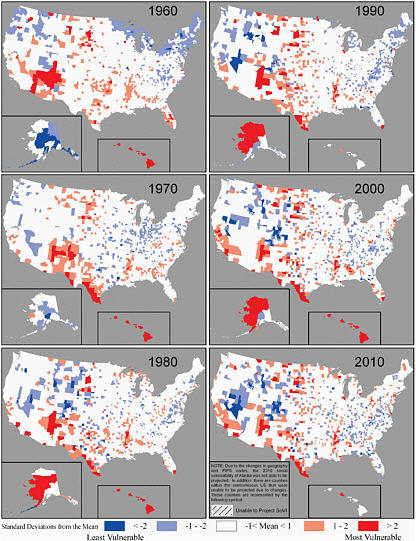FIGURE 3.2 Maps from the Social Vulnerability Index (SoVI) illustrate the results of bringing the geographical science perspective to the study of vulnerability. SoVI scores are place-based because, by construction, a county’s SoVI score is only meaningful in relation to an entire set of county scores. When the scores are mapped, they illustrate the geographical variation in social vulnerability, and highlight potential uneven capacity for disaster preparedness and response. The scores can be used by both policy makers and practitioners to determine resource allocation for disaster preparedness. SOURCE: Cutter and Finch (2008).