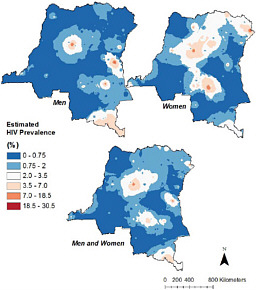 FIGURE 6.6 HIV distribution in the Democratic Republic of the Congo, showing differential patterns for men and women. A geographically based, population-representative sampling scheme allowed Michael Emch and his colleagues to construct this visualization, which was then used to examine the impacts of social factors on the distribution of HIV/AIDS. Not surprisingly, the study found that social factors are the most important drivers of the distribution of the disease. SOURCE: Michael Emch, University of North Carolina, Chapel Hill Geography. Used with permission.