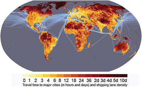FIGURE 7.3 Global accessibility map showing that the time needed to travel to a city of 50,000 or more population varies substantially. The map shows that only 10 percent of the world’s land area is more than 2 days’ travel by land or water from a city of that size. Imagine the accessibility differences that would become apparent by creating other maps like this at different scales and with other access criteria, such as distance to a city with a population of at least 100,000. SOURCE: © European Commission, 2008.