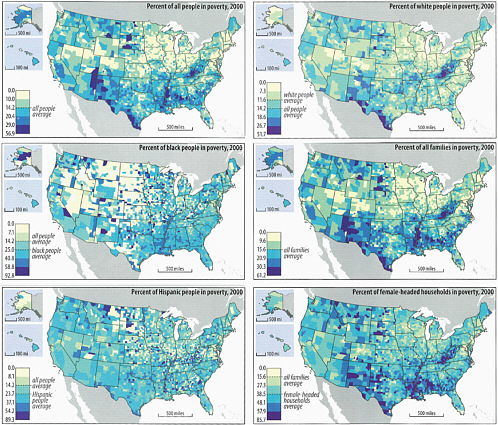 FIGURE 8.2 A map series showing the spatial distributions of different populations in poverty in the United States. SOURCE: Glasmeier (2005).