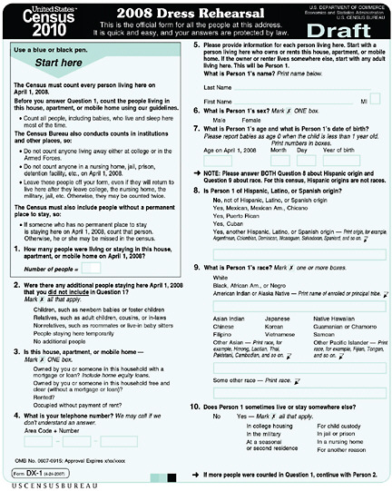Figure 2-1 First page (Person 1), draft 2008 dress rehearsal questionnaire