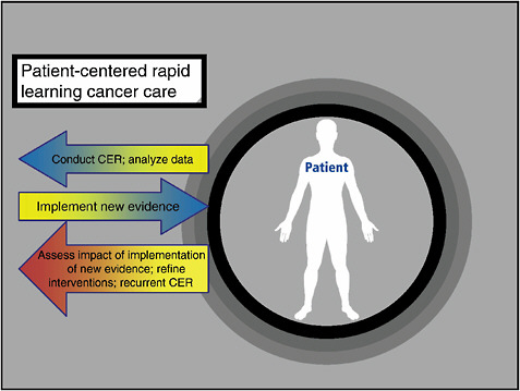 FIGURE 2-2 A rapid learning patient-centered system for cancer care encompasses information and data gleaned from patient care, continuously analyzing and implementing new evidence.
