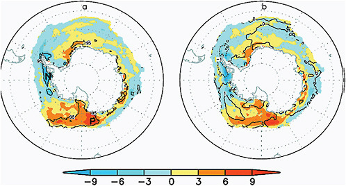 FIGURE 4.12 Spatial trends in Antarctic sea-ice concentration 1979-2002. (a) Trend before removing the influence of AAO and ENSO; (b) Trend after removing the influence of ENSO and the AAO. Source: Liu et al., (2004).