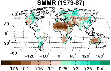 FIGURE 3.3 Mean soil moisture (m3/m3) in upper several millimeters of soil, as estimated via satellite with the SMMR instrument using the Owe et al. (2001) algorithm. SOURCE: Adapted from Reichle et al. (2007).