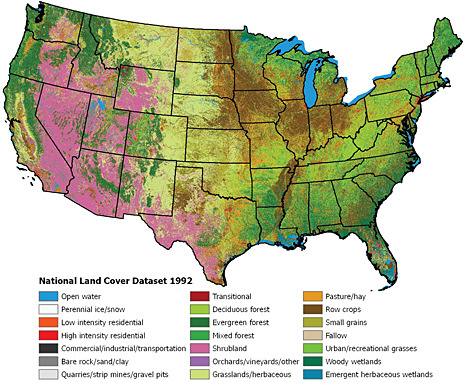 FIGURE 3.1 Major land cover features for the coterminous United States, based on early to mid-1990s Landsat Thematic Mapper satellite data. SOURCE: Vogelmann et al. (2001). Reprinted with permission from the American Society for Photogrammetry and Remote Sensing.