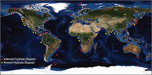 FIGURE C.5 Worldwide map of more than 90 hydrate occurrences; such sites could be monitored from space for evidence of methane releases. SOURCE: Hester and Brewer (2009). Reproduced with permission of Annual Reviews, Inc.; permission conveyed through Copyright Clearance Center, Inc.
